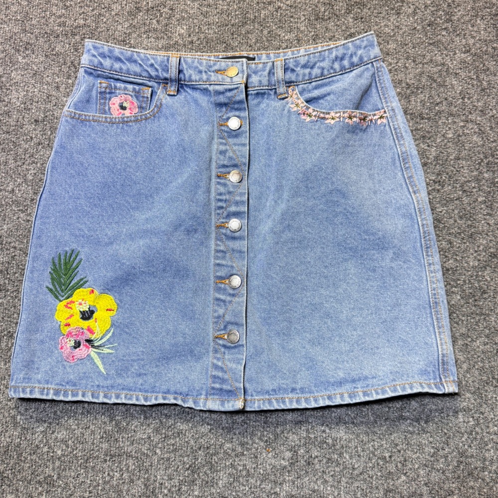Buffalo David Bitton Faith Denim Skirt Womens 29 Blue Floral Embroidered Boho